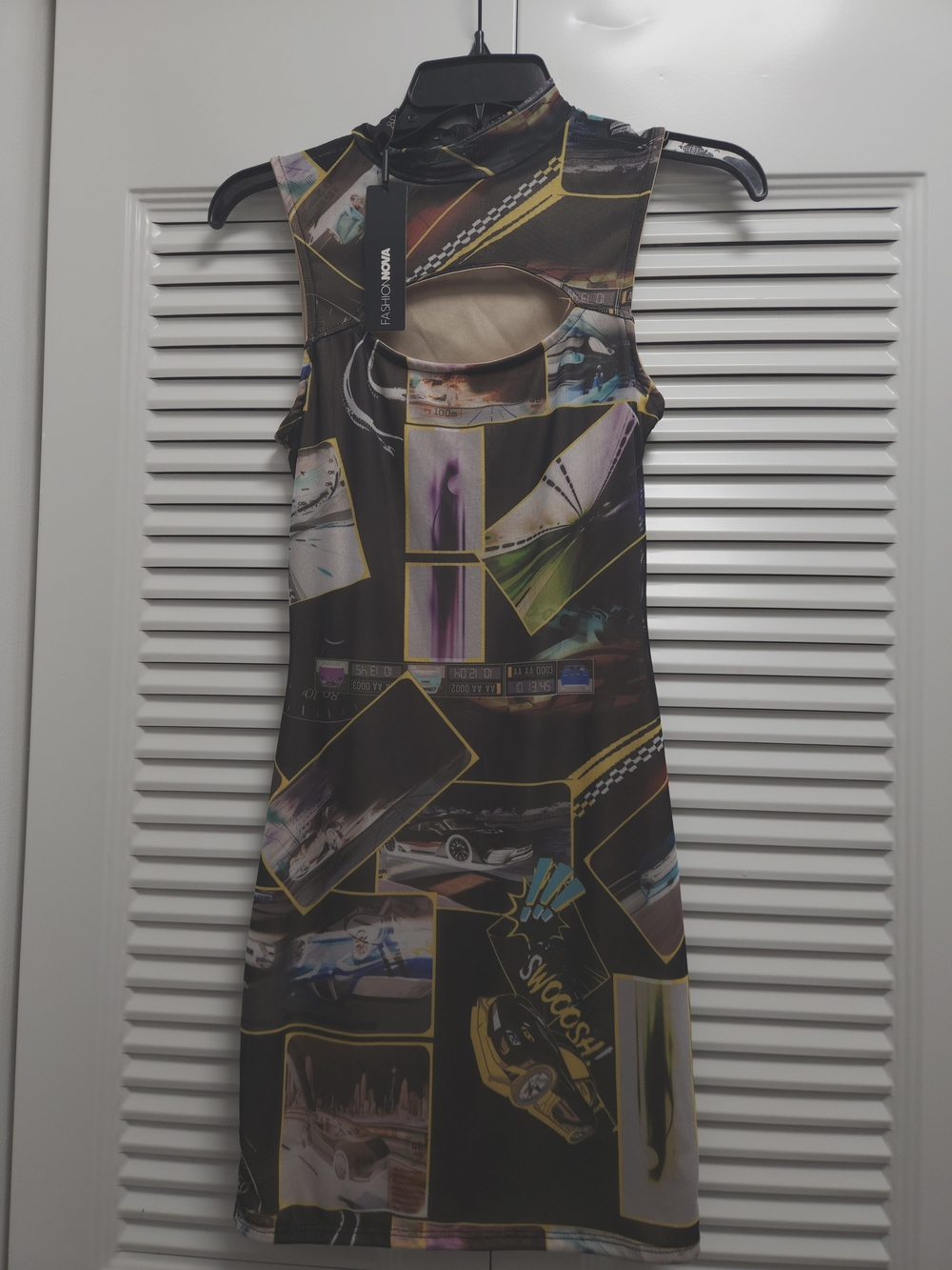 NWT Fashion Nova Sleeveless Mock Neck Cutout Mini Dress Auto Body Car Print M